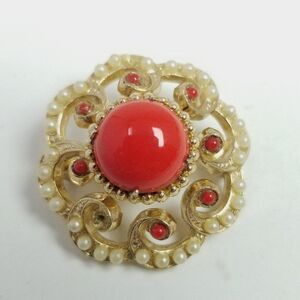 Vintage Coro Red and Gold Tone Brooch, Faux Pearls, Retro 60s 70s Style Estate